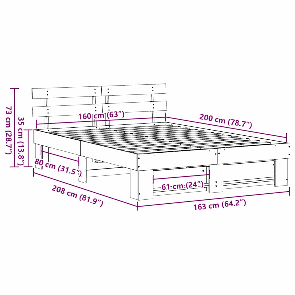 vidaXL Bed Frame with Headboard Wax Brown 160 x 200 cm Solid Pine Wood