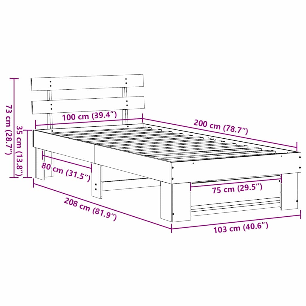 vidaXL Bed Frame with Headboard Brown 100 x 200 cm Solid Pine Wood