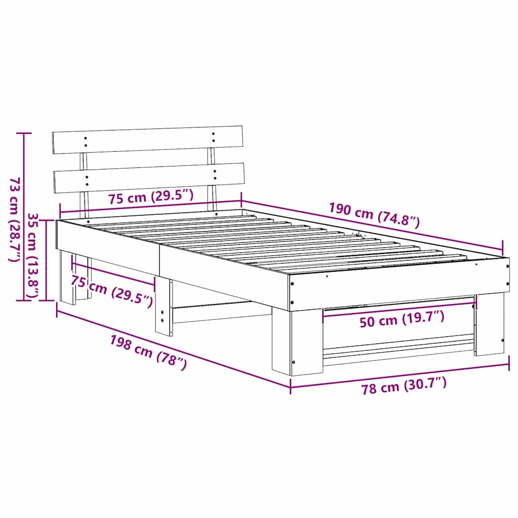 vidaXL Bed Frame with Headboard Brown 75 x 190 cm Solid Pine Wood