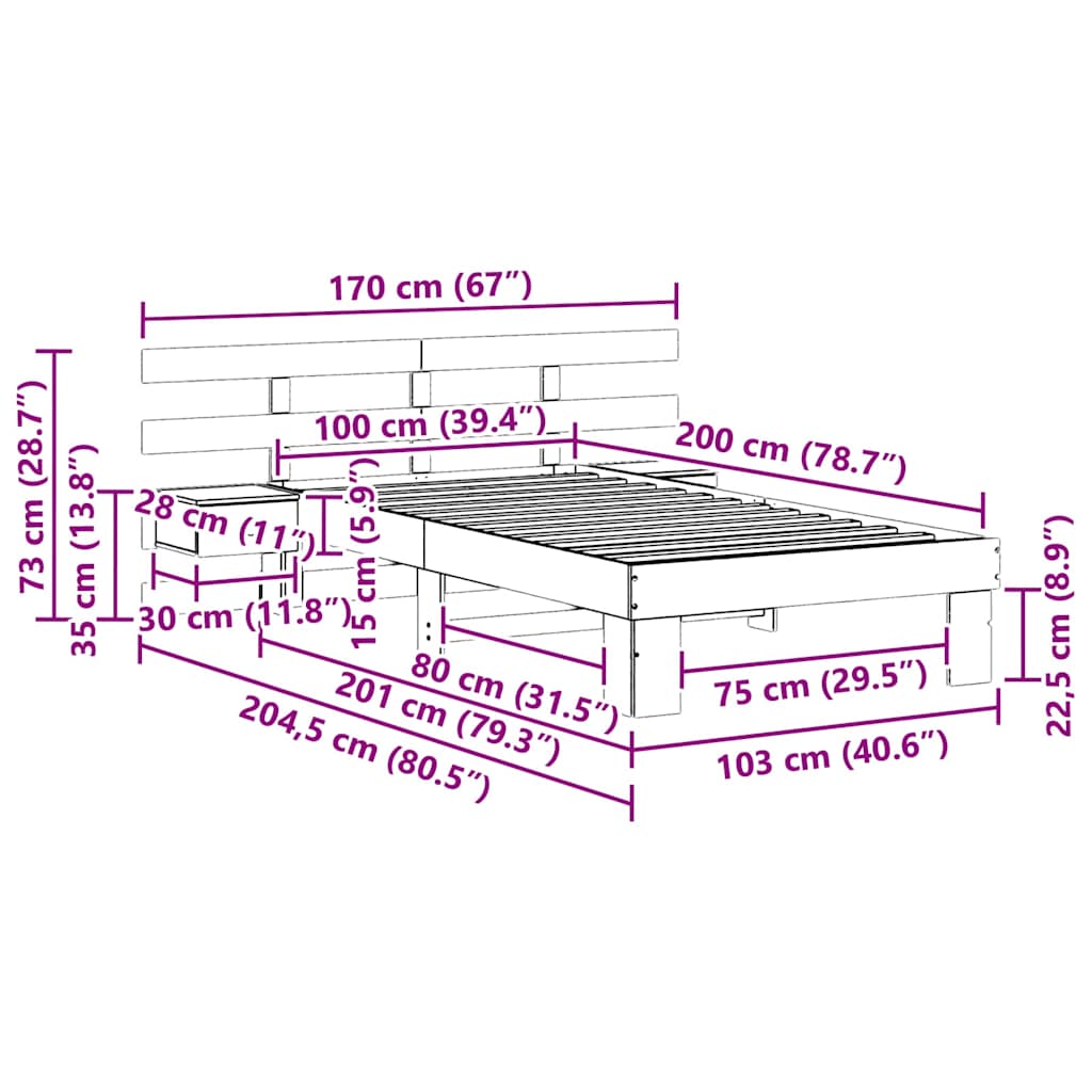 vidaXL Bed Frame with Headboard Brown 100 x 200 cm Solid Pine Wood