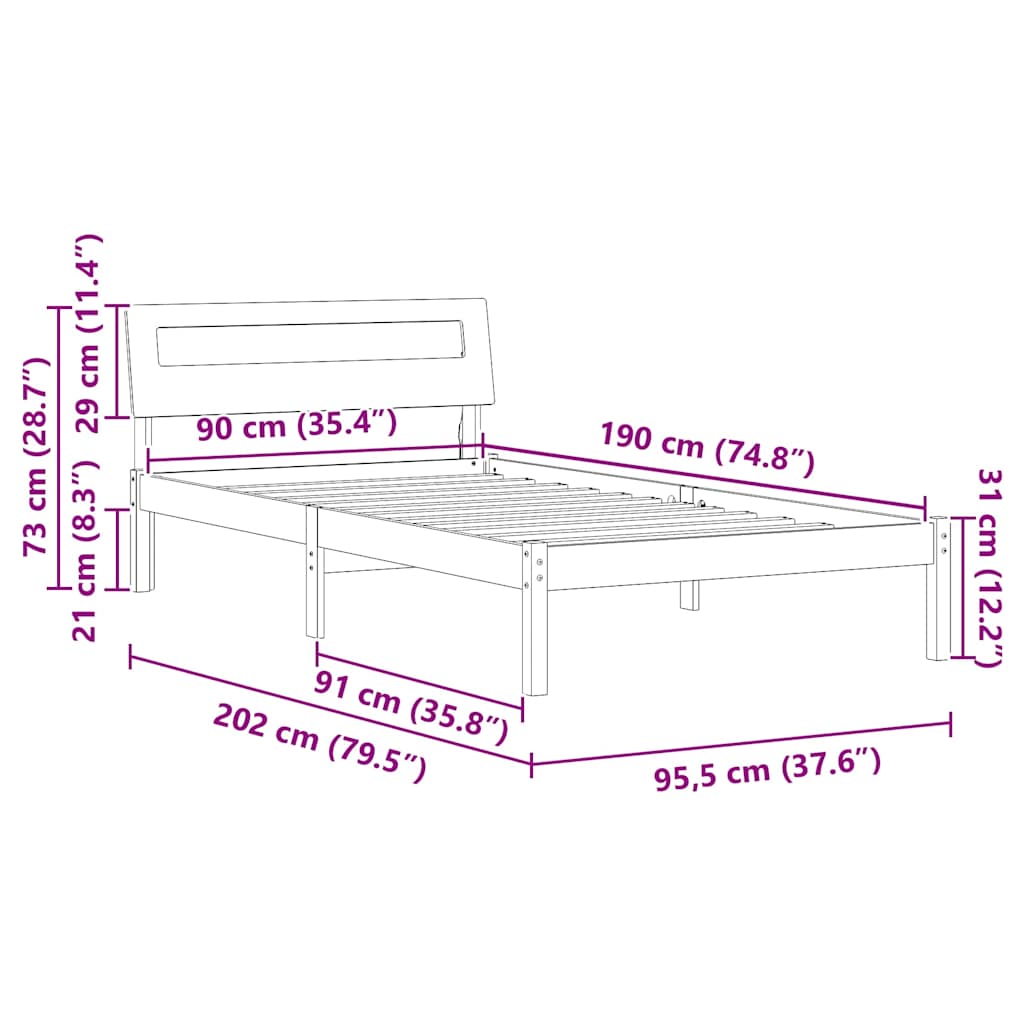 vidaXL Bed Frame with Headboard Wax Brown 90 x 190 cm Solid Pine Wood
