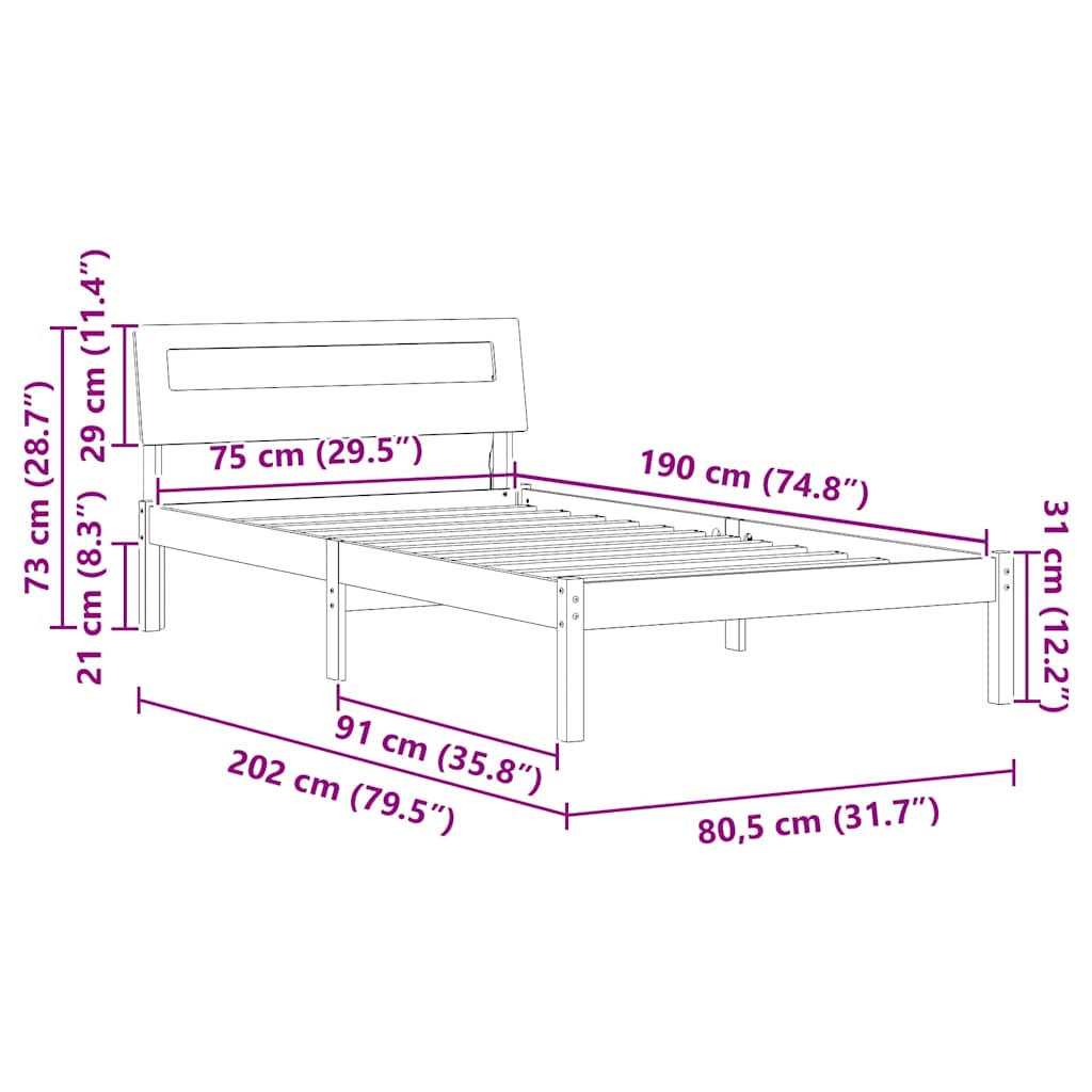 vidaXL Bed Frame with Headboard White 75 x 190 cm Solid Pine Wood