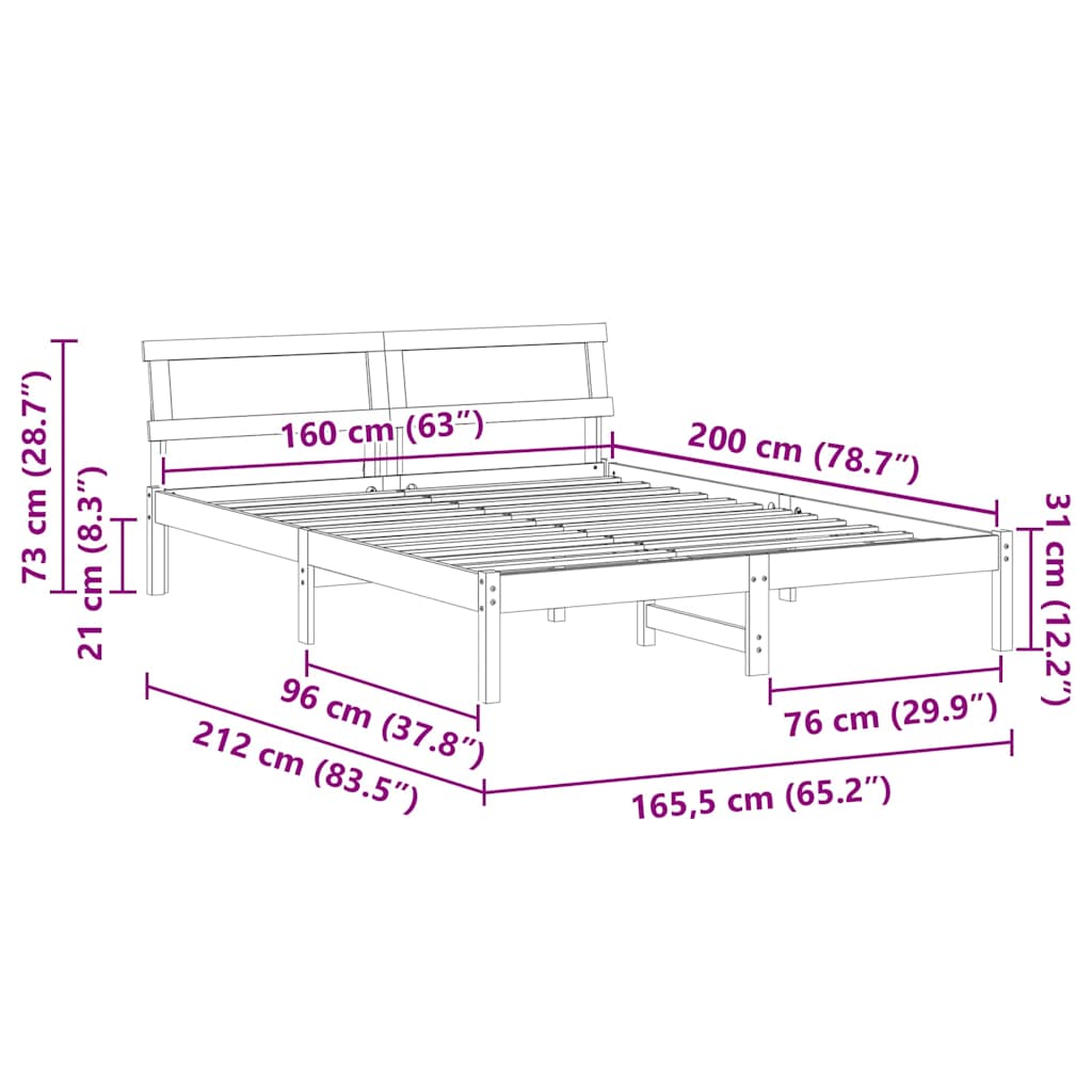 vidaXL Bed Frame with Headboard Wax Brown 160 x 200 cm Solid Pine Wood