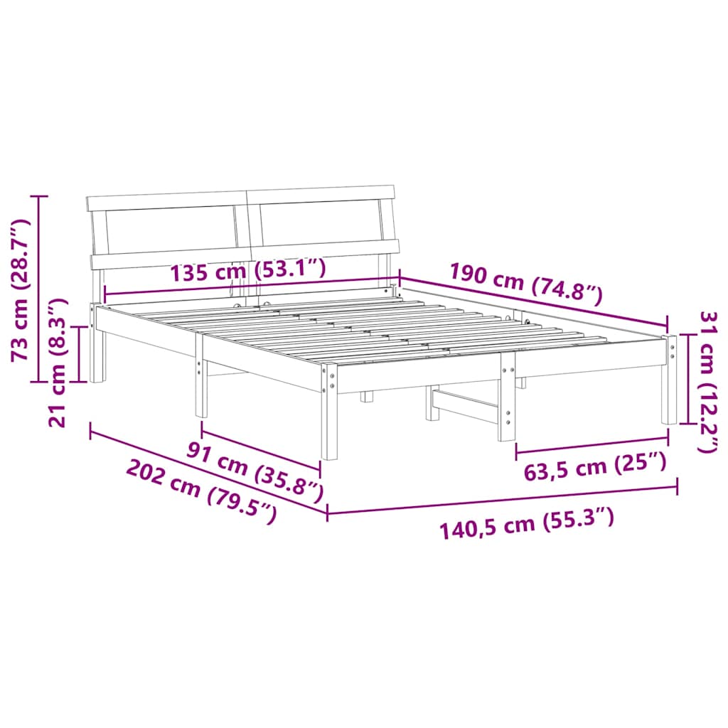 vidaXL Bed Frame with Headboard Brown 135 x 190 cm Solid Pine Wood