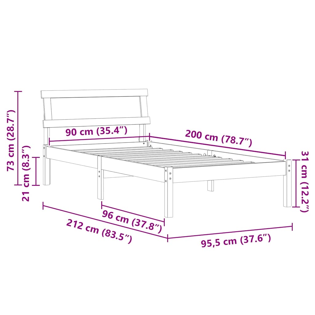 vidaXL Bed Frame with Headboard White 90 x 200 cm Solid Pine Wood