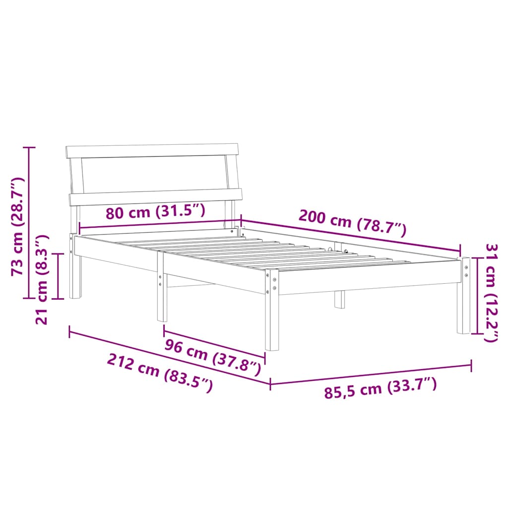 vidaXL Bed Frame with Headboard Brown 80 x 200 cm Solid Pine Wood