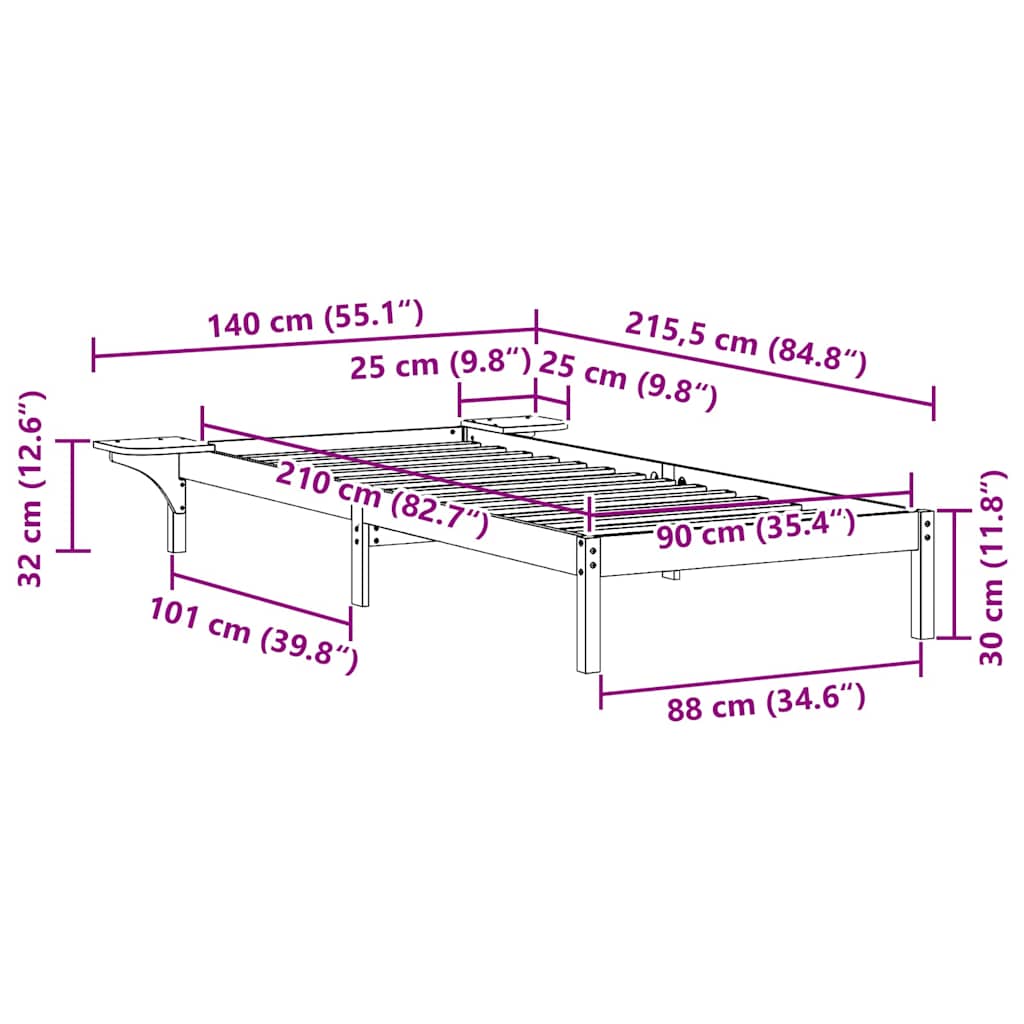 vidaXL Bed Frame with Side Tables Wax Brown 90 x 210 cm