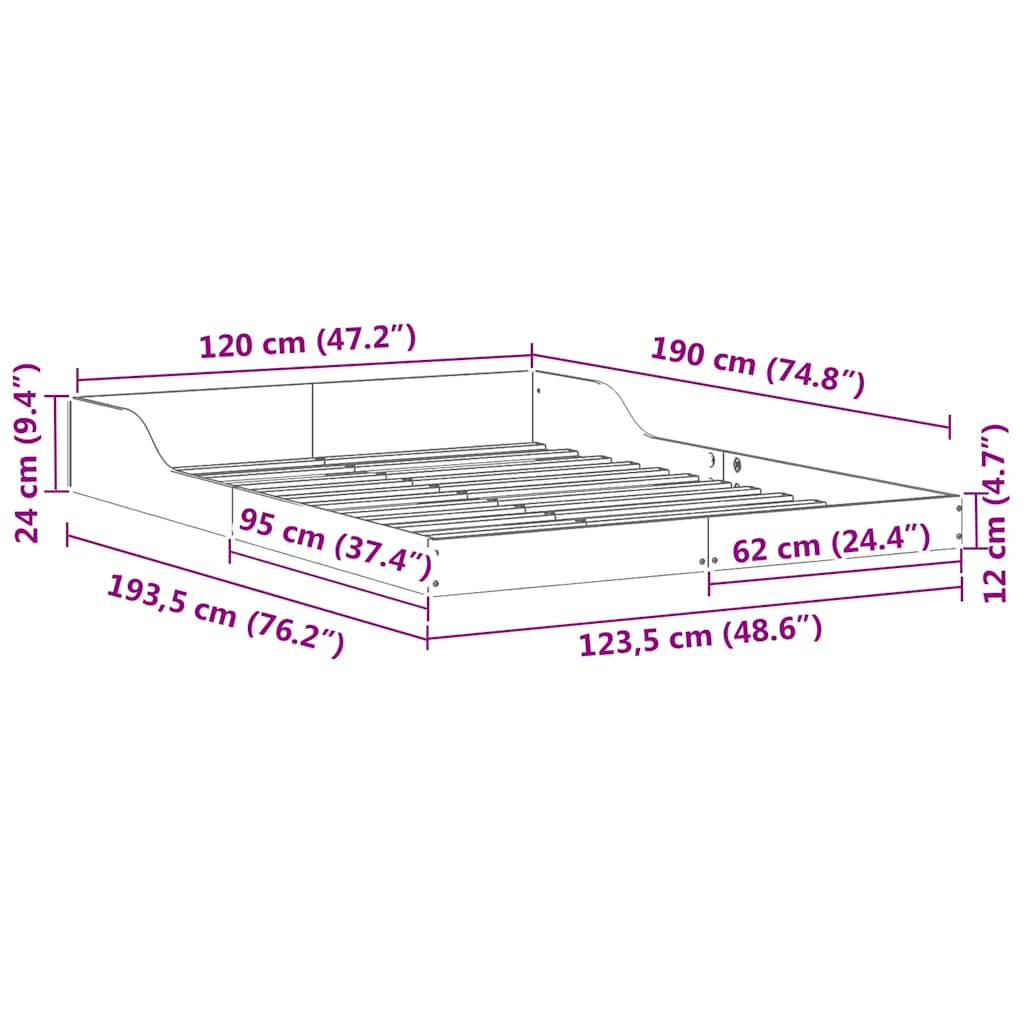 vidaXL Bed Frame Wax Brown 120 x 190 cm Solid Pine Wood