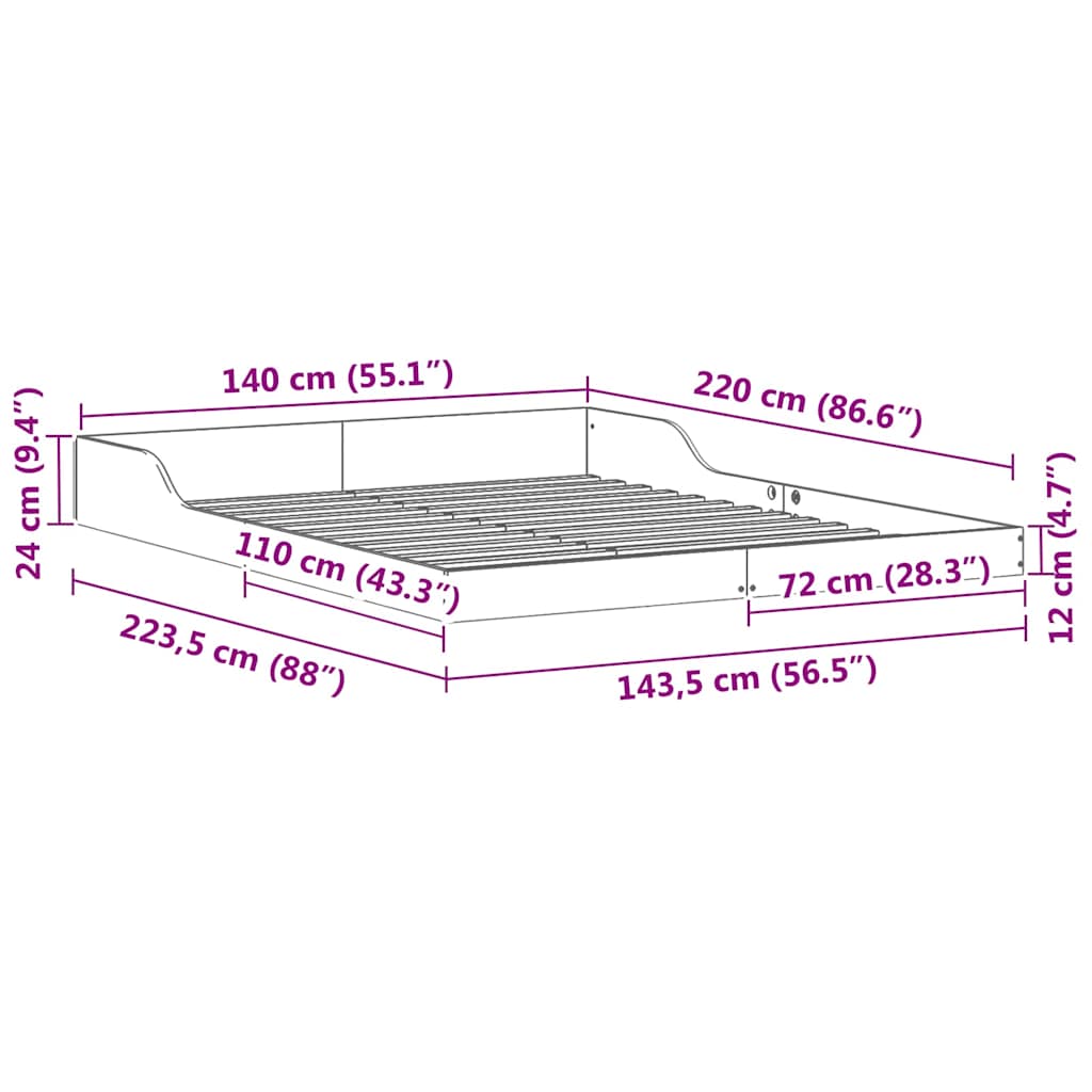 vidaXL Bed Frame Wax Brown 140 x 220 cm Solid Pine Wood