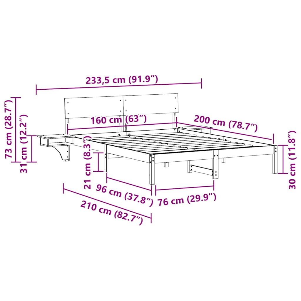 vidaXL Bed Frame with Headboard White 160 x 200 cm Solid Pine Wood