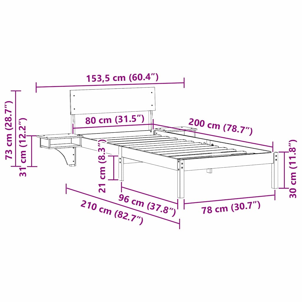 vidaXL Bed Frame with Headboard White 80 x 200 cm Solid Pine Wood