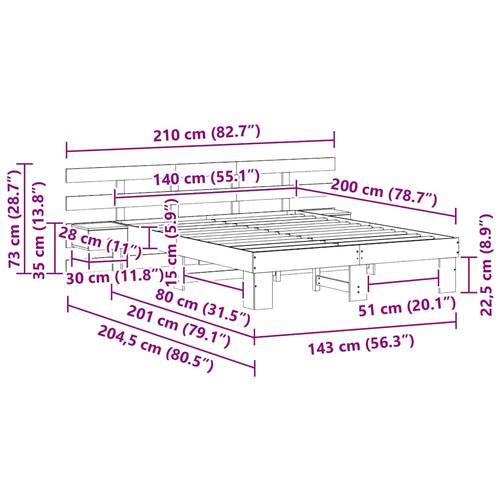 vidaXL Bed Frame with Headboard Brown 140 x 200 cm Solid Pine Wood
