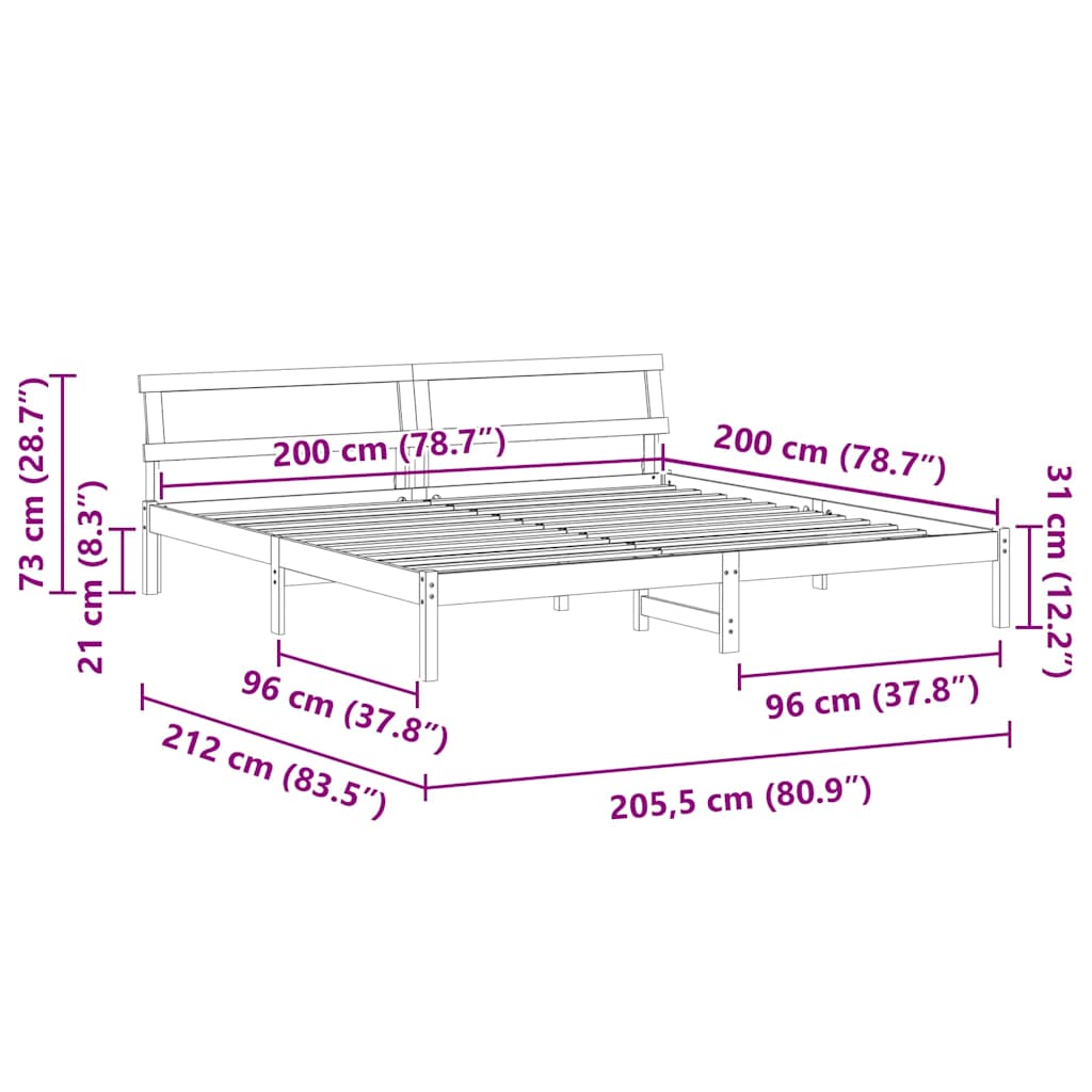 vidaXL Bed Frame with Headboard Brown 200 x 200 cm Solid pine wood