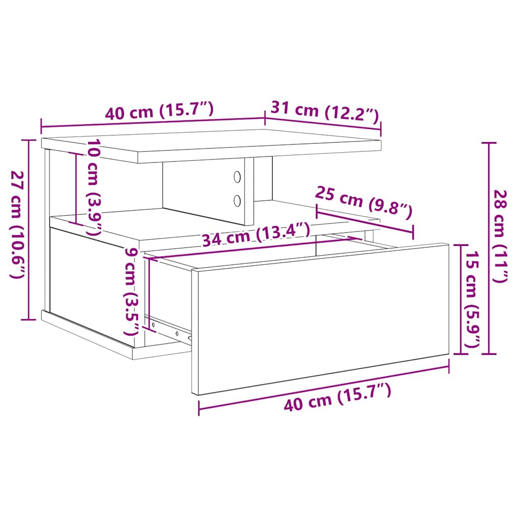 vidaXL Floating Nightstand Black Oak 40 x 31 x 28 cm Engineered Wood