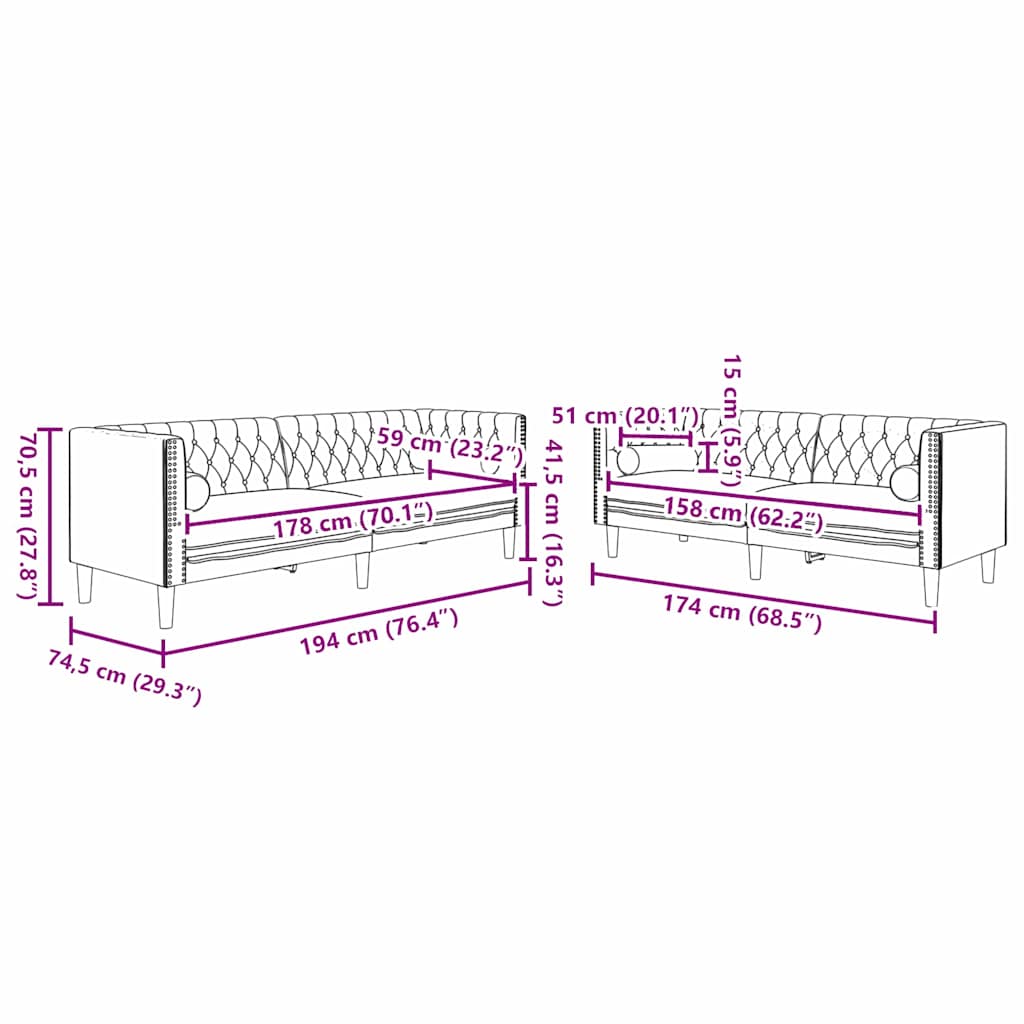vidaXL Living Room Couch 2 pcs Dark Grey 194 x 74.5 x 70.5 cm Velvet