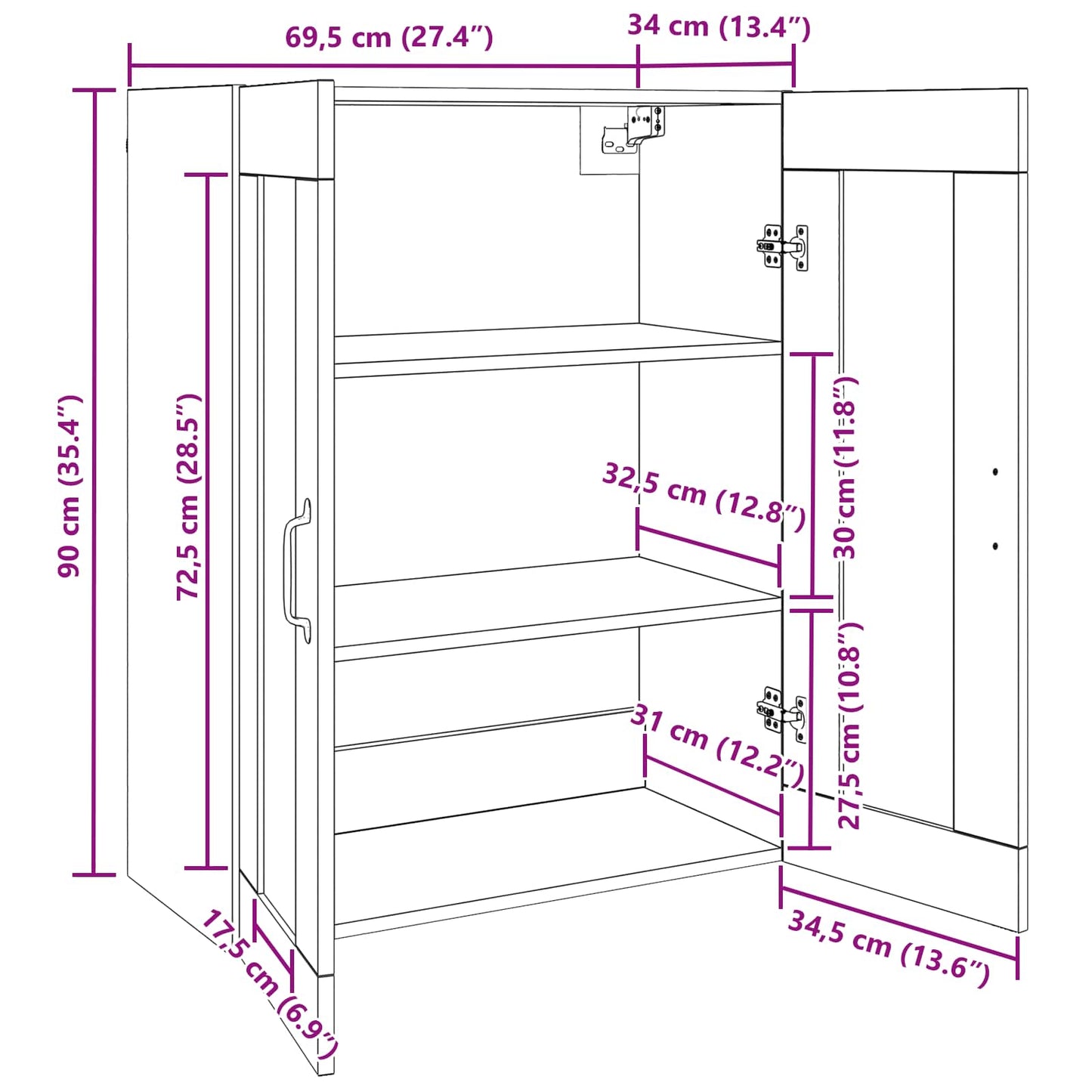 vidaXL Storage Cabinet Wall-mounted Black Oak 69.5 x 34 x 90 cm
