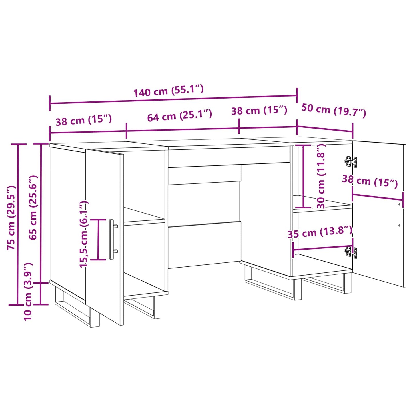 vidaXL Desk Artisan oak Engineered wood 140 x 50 x 75 cm