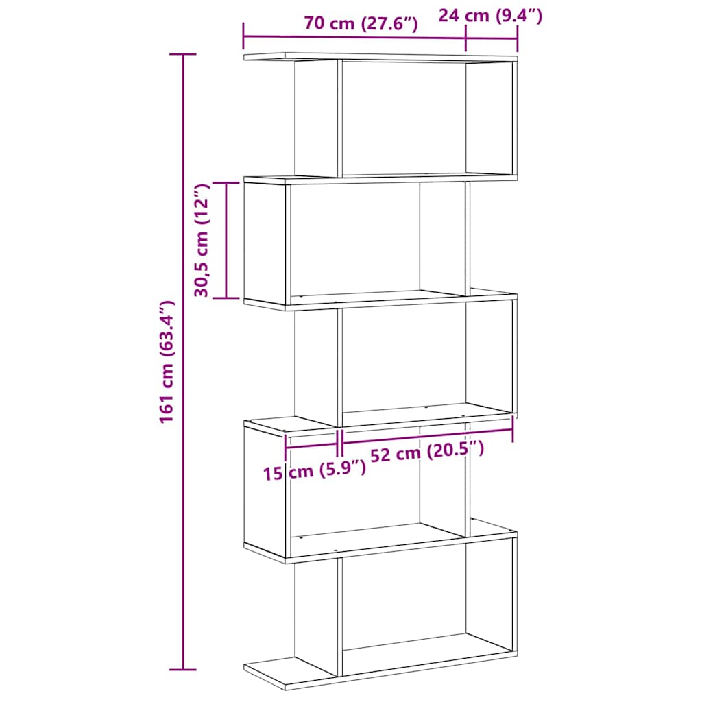 vidaXL Book Cabinet 5-Tier 70 x 24 x 161 cm Engineered Wood Black Oak