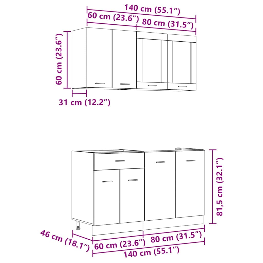 vidaXL Kitchen Unit Lyon 4 pcs Smoked Oak Engineered Wood