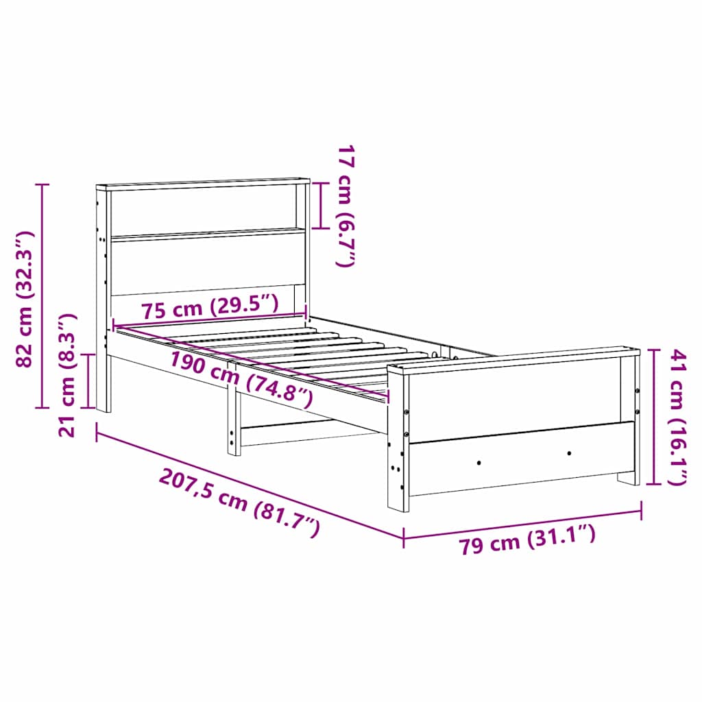 vidaXL Bed Frame with Headboard Wax Brown 75 x 190 cm Engineered Wood