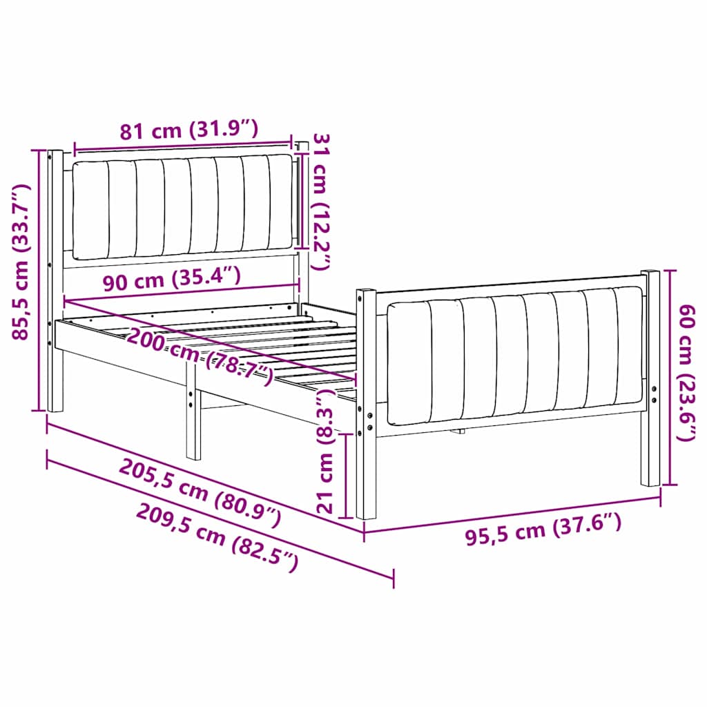 vidaXL Bed frame Brown and taupe 90 x 200 cm Solid pine wood