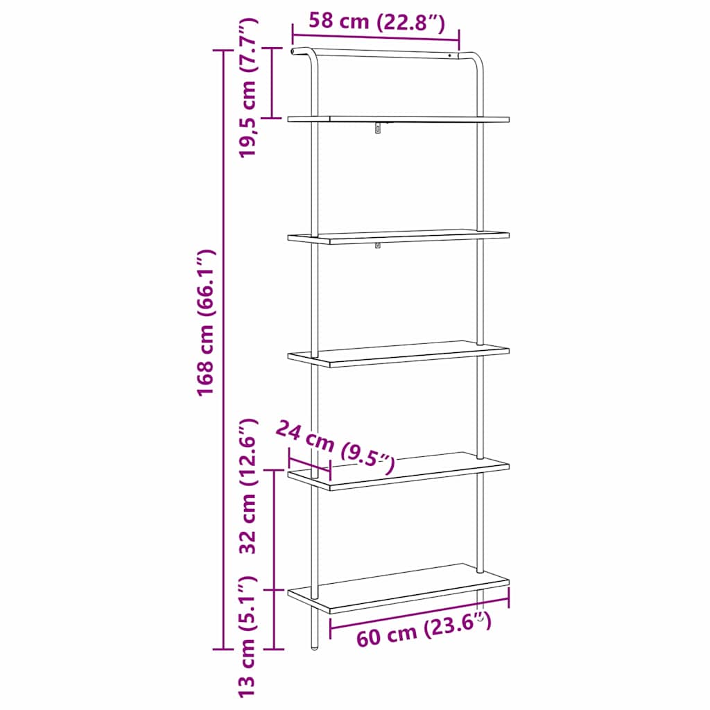 vidaXL Bookshelf 5-Tier 60 x 24 x 168 cm Engineered wood Black Oak