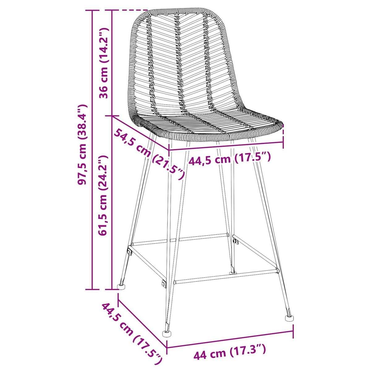 vidaXL Bar Chair 2 pcs Black 44.5 x 54.5 x 97.5 cm Rattan and Iron