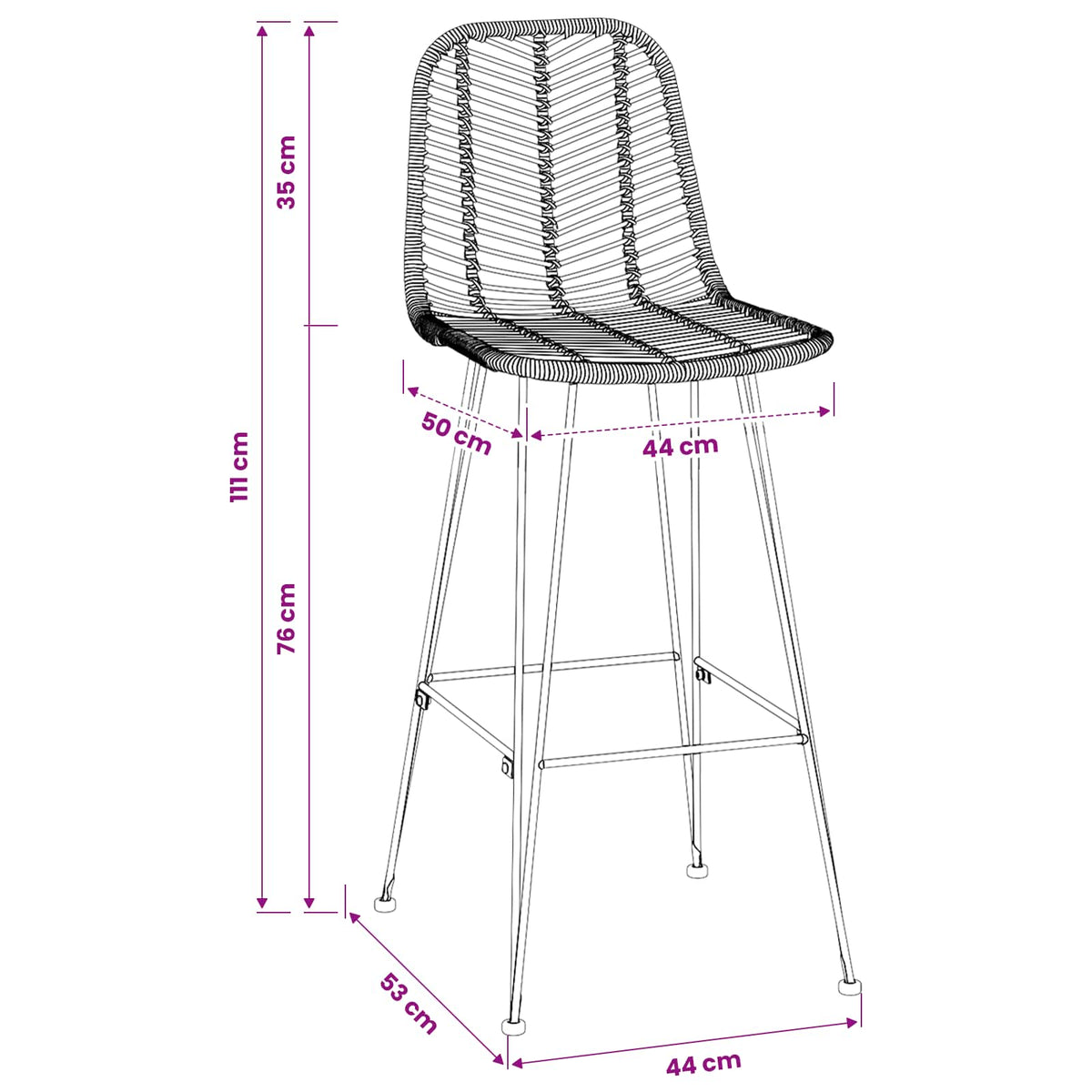 vidaXL Bar Chair 2 pcs Black 44 x 53 x 111 cm Rattan and Iron