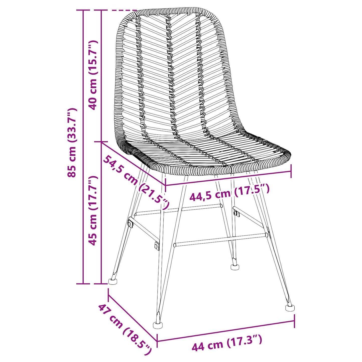 vidaXL Dining Chair 2 pcs Rattan and Iron Natural 44.5 x 54.5 x 85 cm