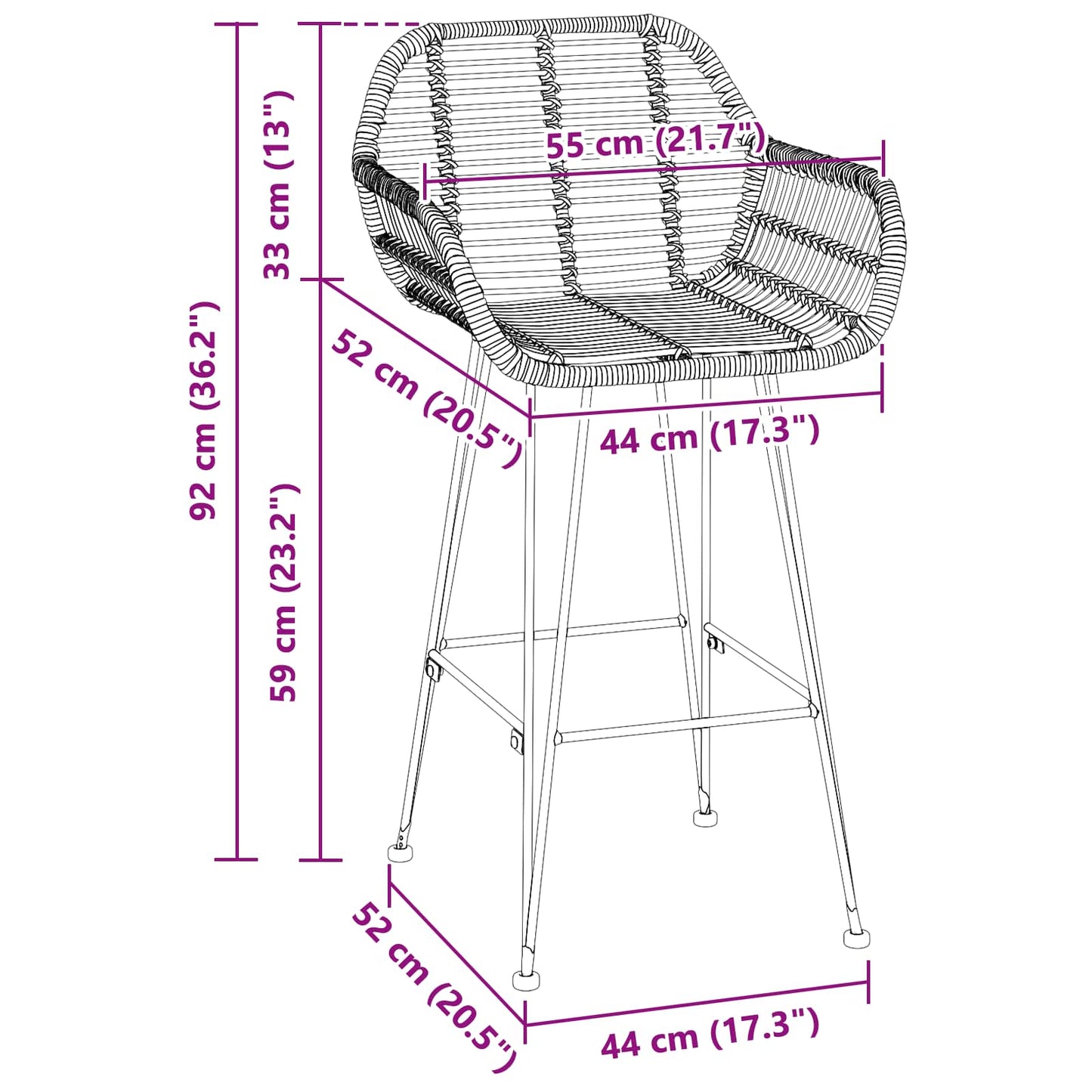 vidaXL Bar Chair 2 pcs Natural 55 x 52 x 92 cm Rattan and Iron