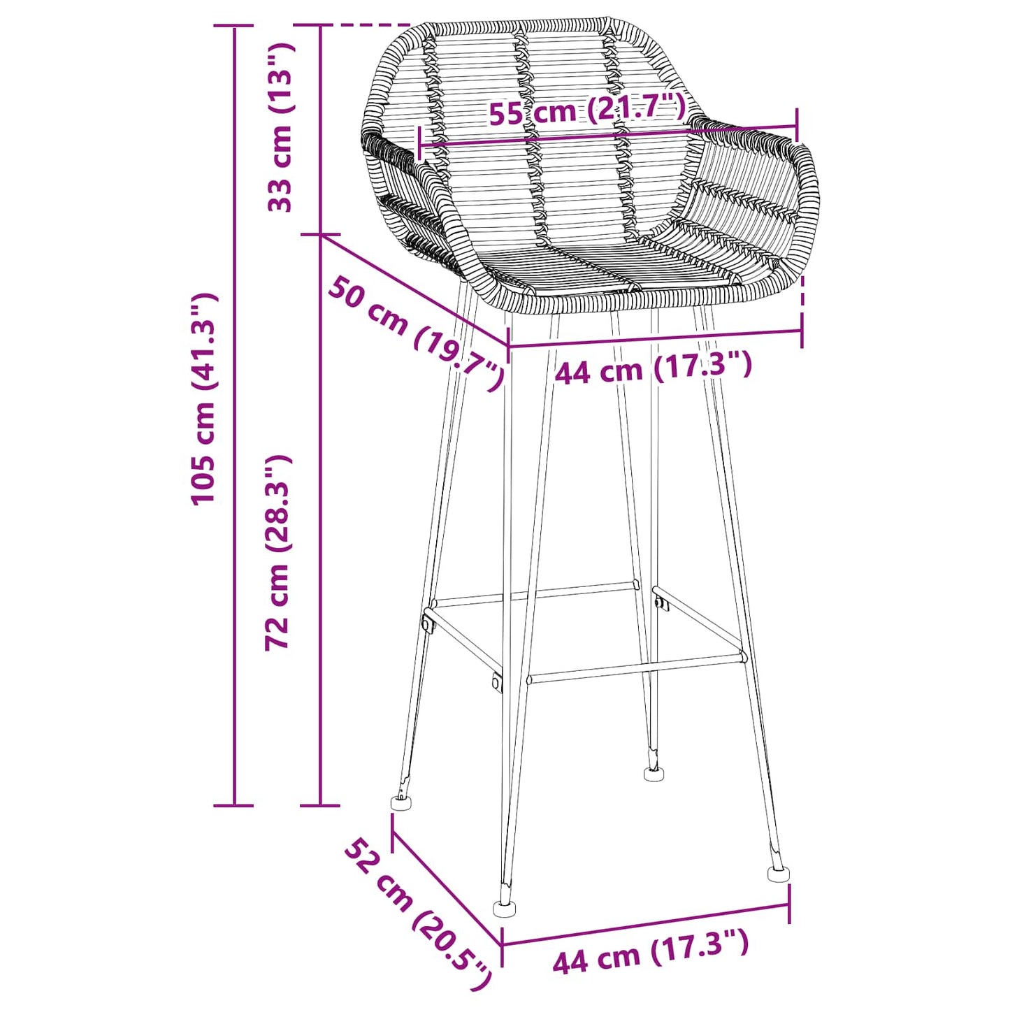 vidaXL Bar Chair 2 pcs Natural 55 x 52 x 105 cm Rattan and Iron
