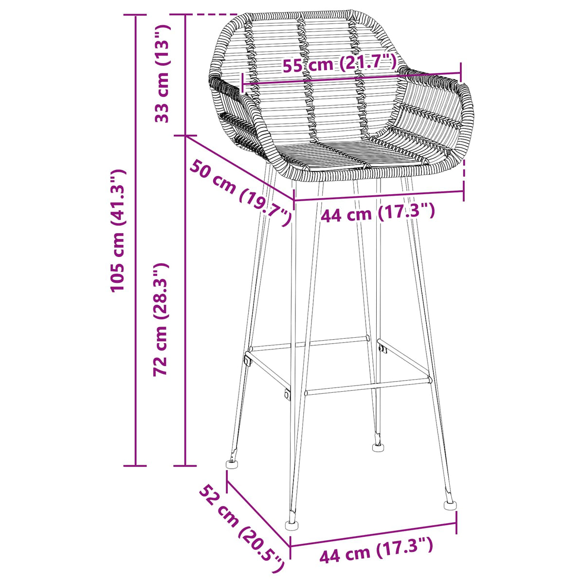 vidaXL Bar Chair 2 pcs Natural 55 x 52 x 105 cm Rattan and Iron