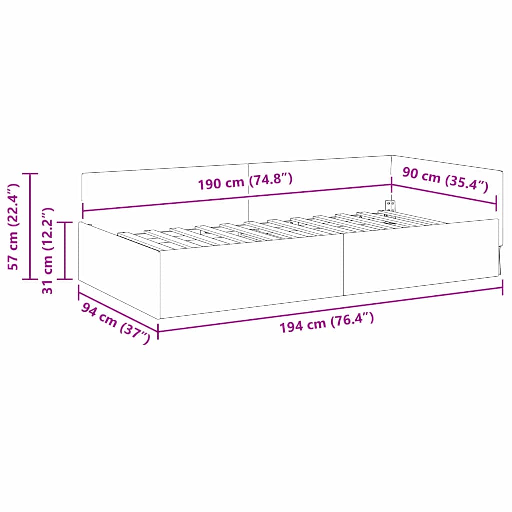 vidaXL Corner Bed Frame Blue 90 x 190 cm Fabric and Engineered wood