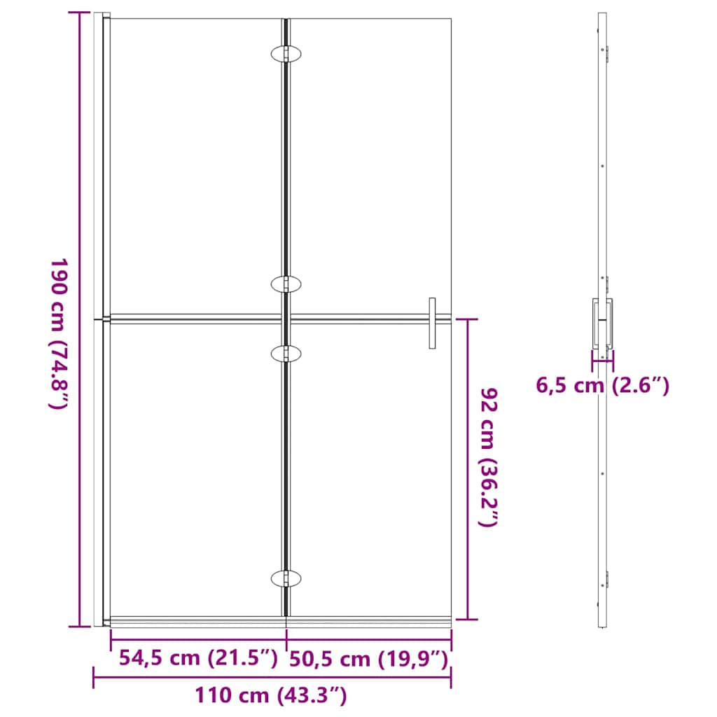vidaXL Walk-In Shower Wall Folding Black 110 x 6.5 x 190 cm