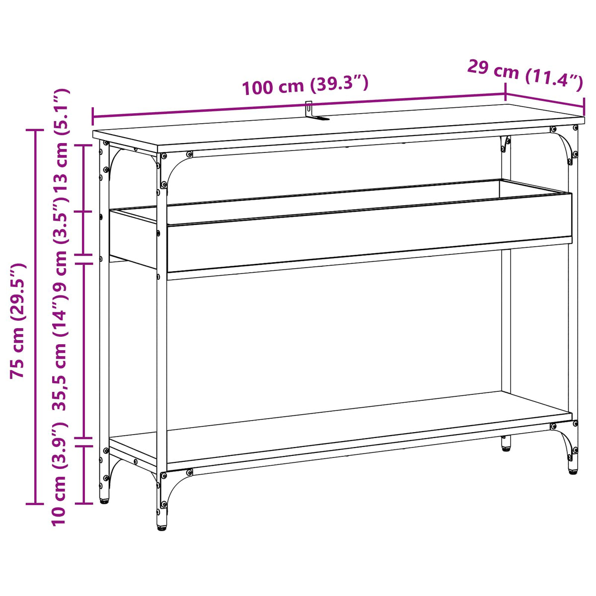 vidaXL Console Table Artisan oak 100 x 29 x 75 cm Engineered wood