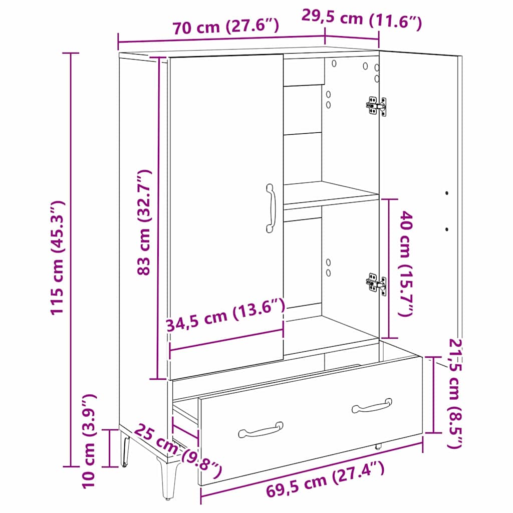 vidaXL Highboard Black Oak 70 x 31 x 115 cm Engineered Wood and Iron
