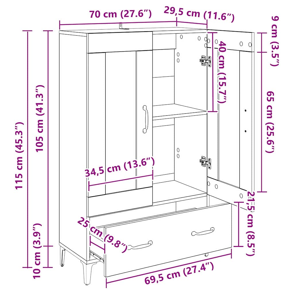vidaXL Highboard Artisan Oak 70 x 31 x 115 cm Engineered Wood and Iron