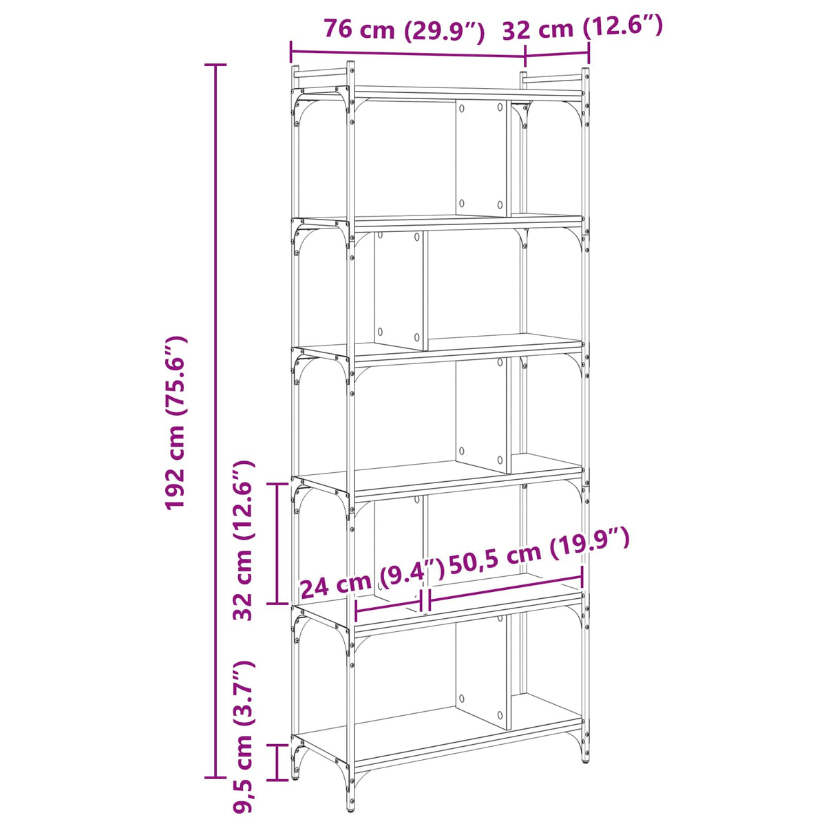 vidaXL Bookcase 5-Tier 76 x 32 x 192 cm Engineered Wood Black oak