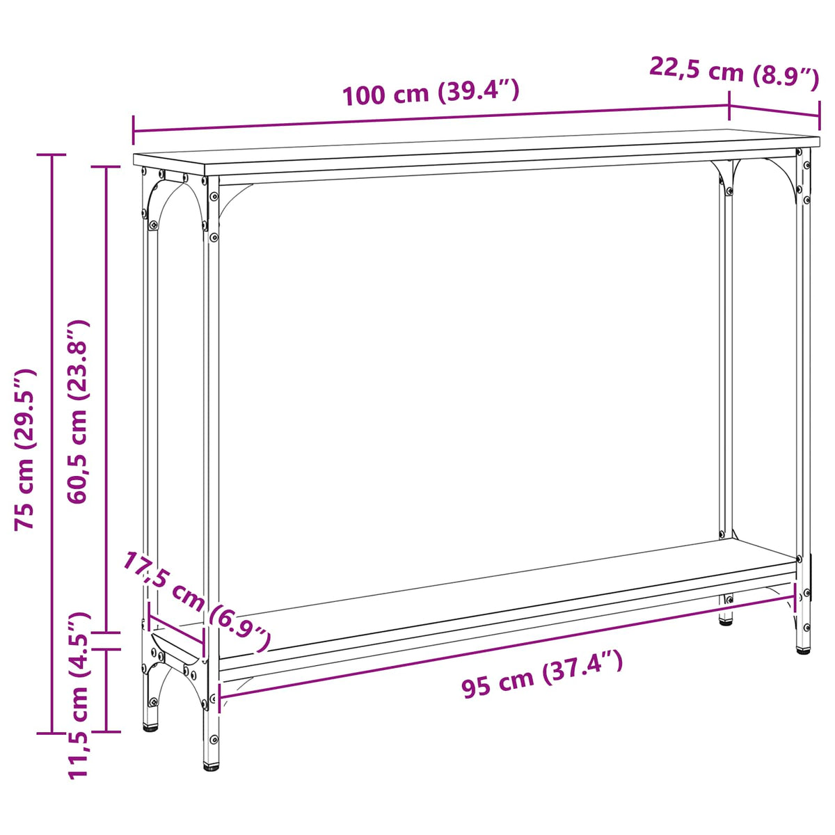 vidaXL Console Table Black Oak 100 x 22.5 x 75 cm Engineered Wood