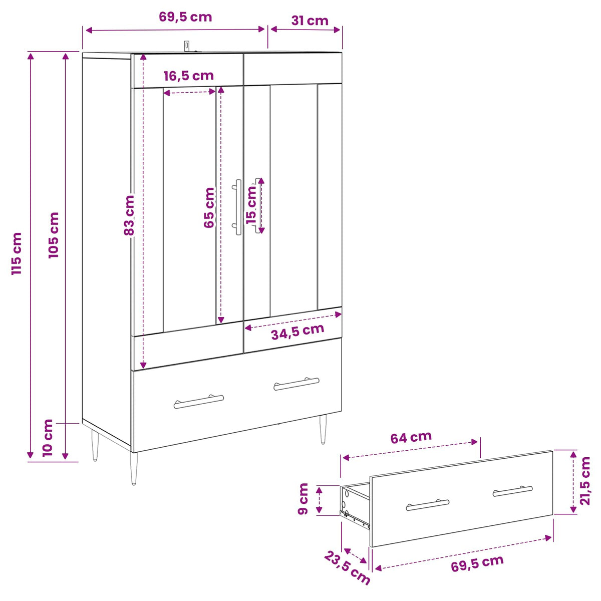 vidaXL Highboard with Drawer Black Oak 69.5 x 31 x 115 cm