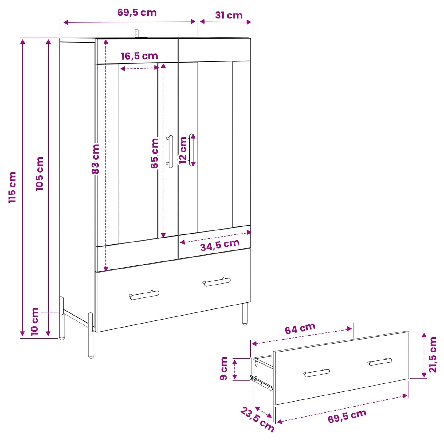 vidaXL Highboard CORONA Artisan Oak 69.5 x 31 x 115 cm Engineered Wood