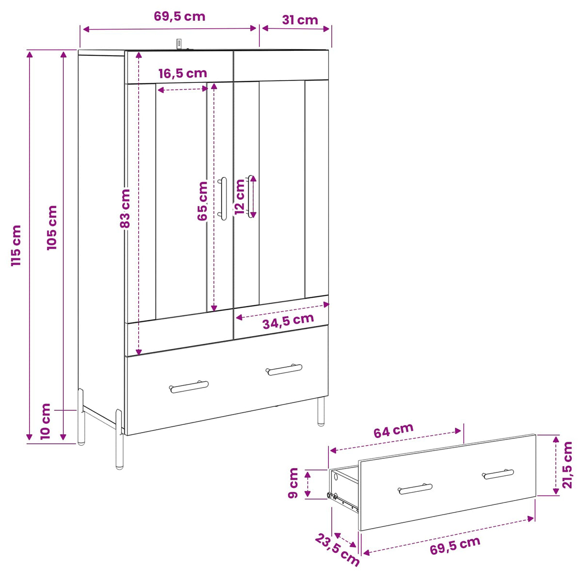 vidaXL Highboard CORONA Black Oak 69.5 x 31 x 115 cm Engineered Wood