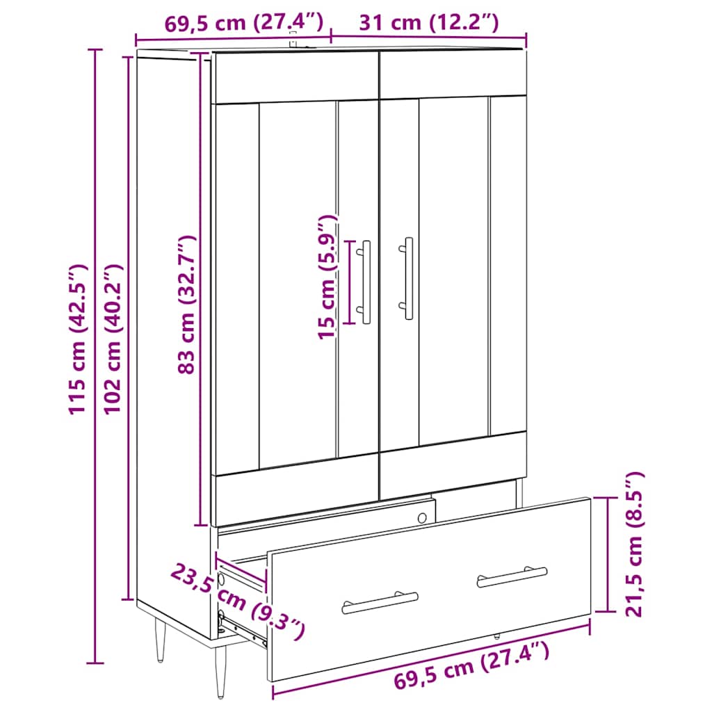 vidaXL Highboard Black Oak 69.5 x 31 x 115 cm Engineered Wood