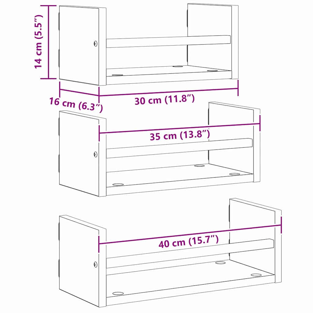 vidaXL Wall Shelf Set with Shelf 3 pcs Artisan Oak 40 x 16 x 14 cm