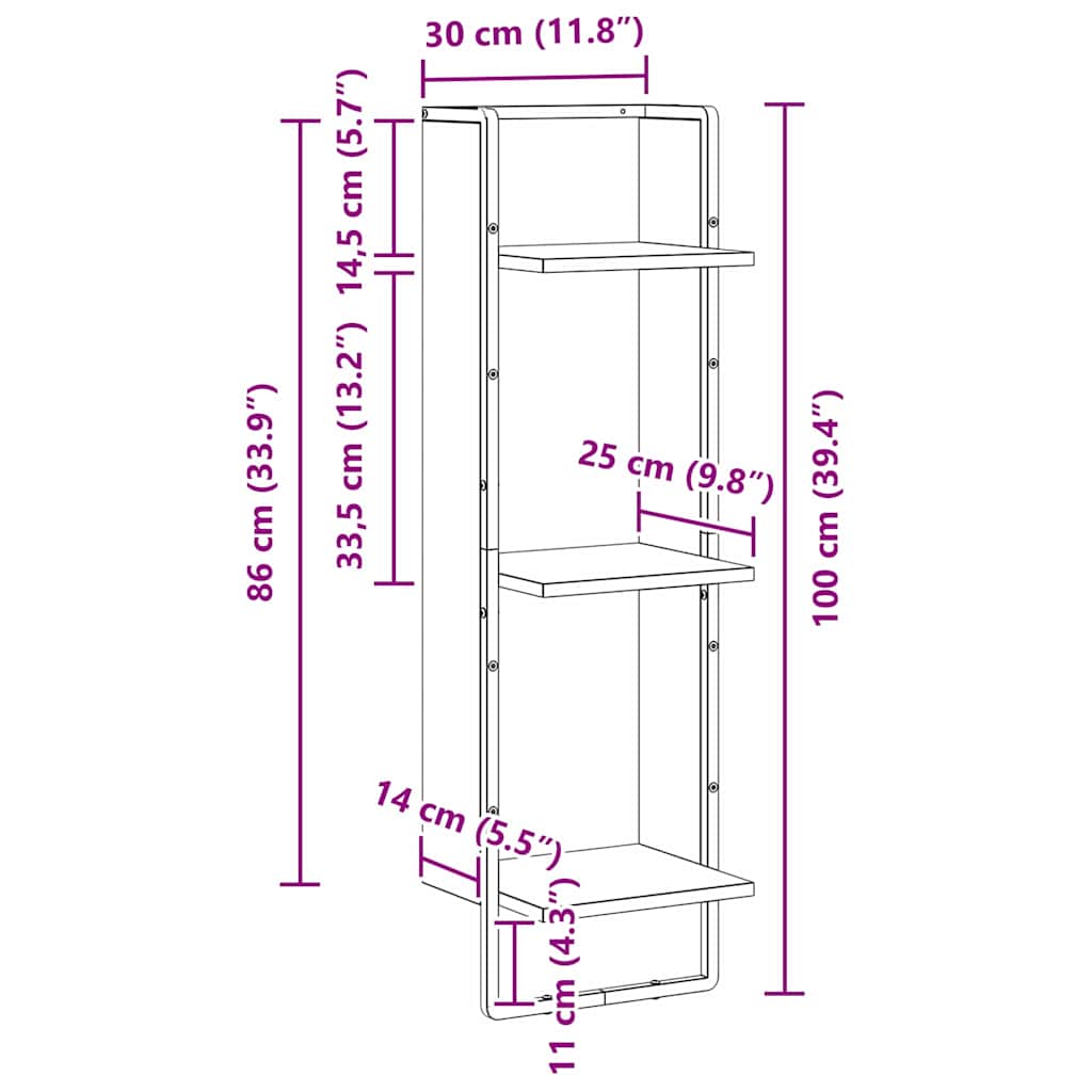vidaXL Wall Shelf Wall-Mounted Artisan Oak 30 x 25 x 100 cm