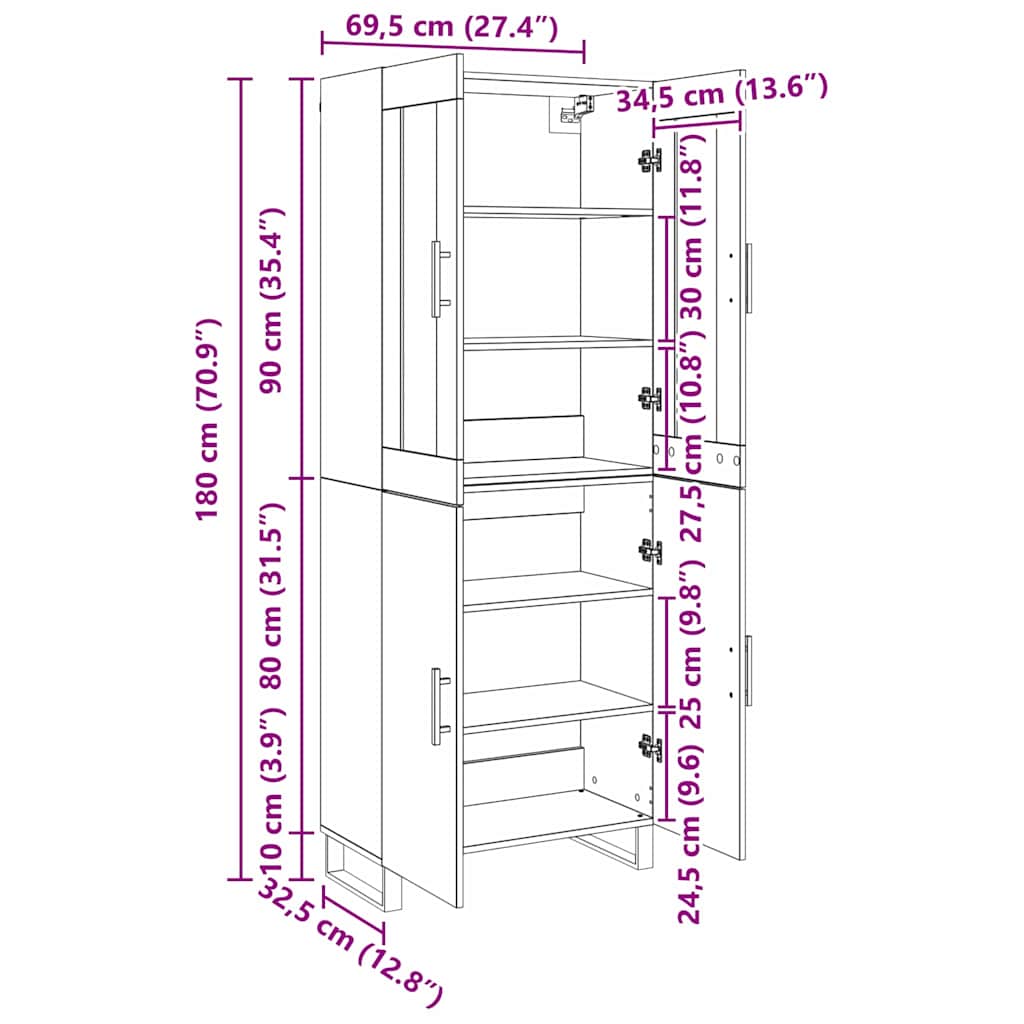 vidaXL Highboard 2 pcs Black oak 69.5 x 34 x 180 cm Engineered Wood