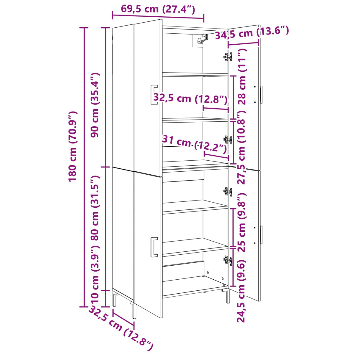 vidaXL Highboard Old wood 69.5 x 34 x 180 cm Engineered Wood