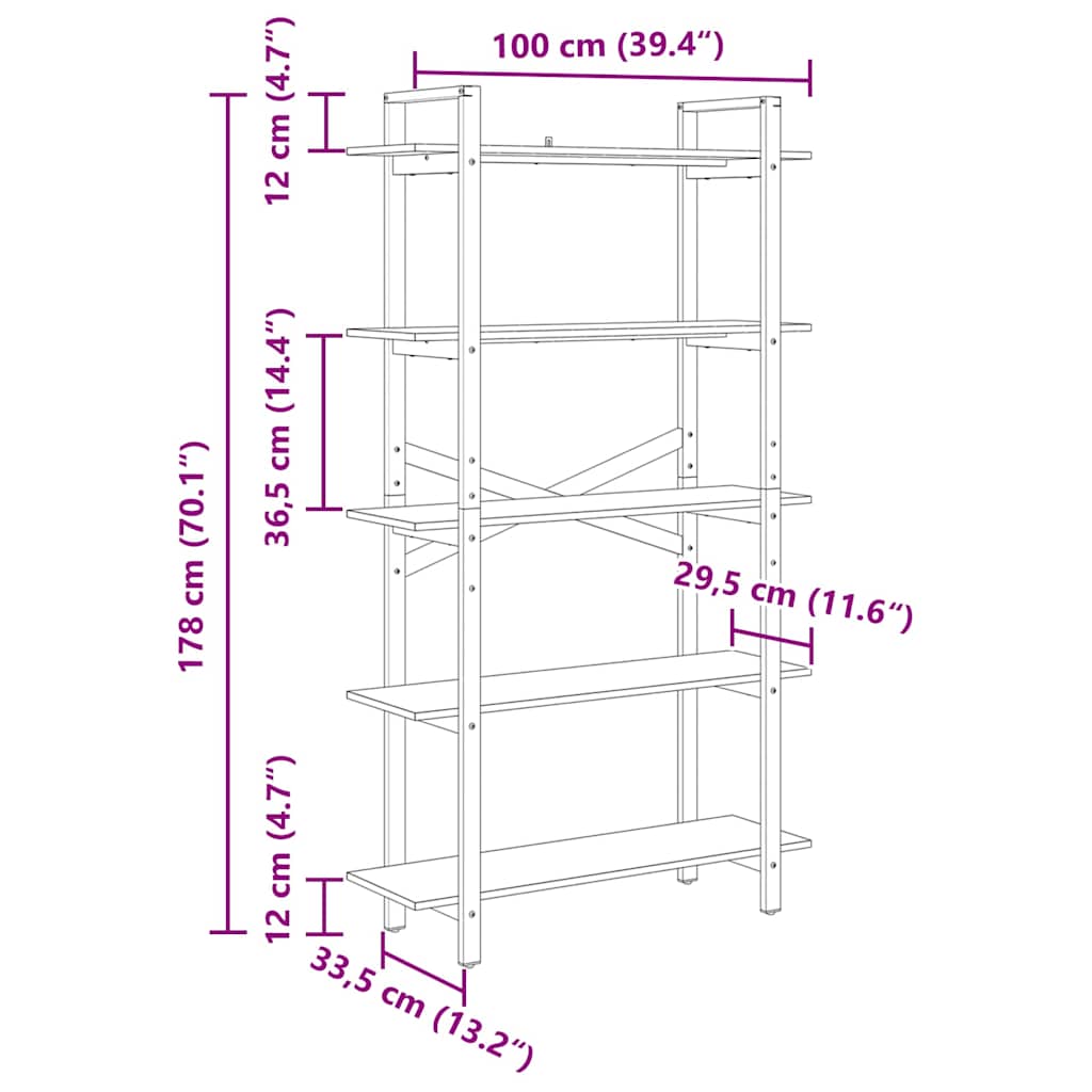 vidaXL Bookshelf 5-Tier 100 x 33.5 x 178 cm Engineered Wood Black Oak