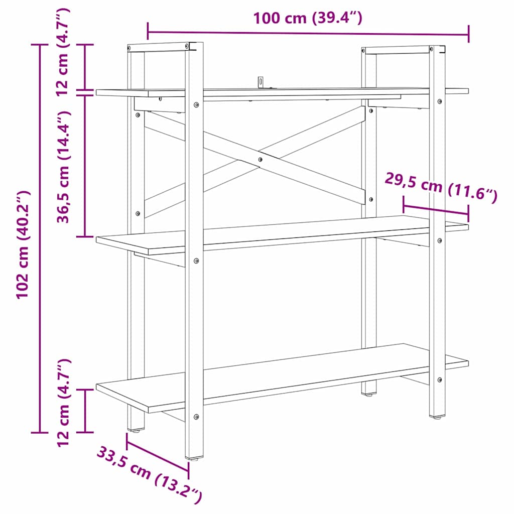 vidaXL Bookshelf 3-Tier 100 x 33.5 x 102 cm Engineered Wood Sonoma Oak