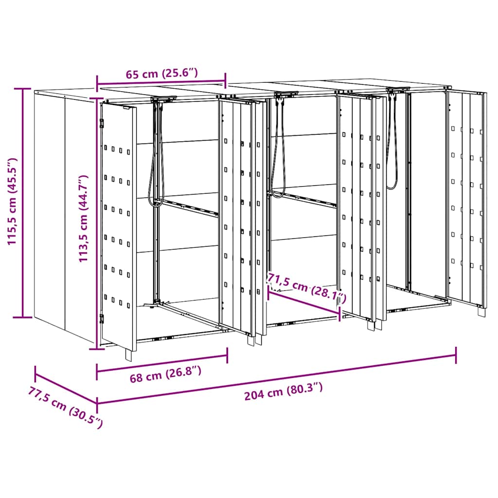 vidaXL Wheelie Bin Storage for 3 Bins Silver 204 x 77.5 x 115.5 cm